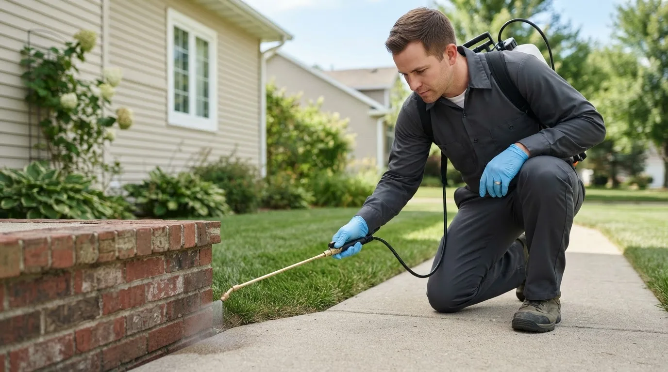 Pest control technician treating a home near Yaphank, NY