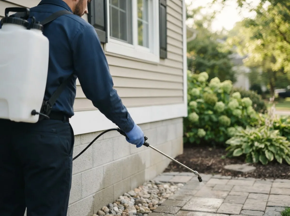 Pest control technician inspecting a home in Yaphank, NY
